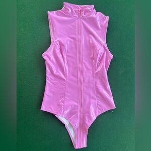 Pink vinyl bodysuit